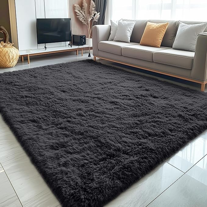 OLANLY 5x5 Area Rugs for Living Room Bedroom, Machine Washable Soft Fluffy Shaggy Bedside Rug, Indoor Floor Carpet for Kids Girls and Boys, Dorms, Nursery Rooms, Home Decor Aesthetic, Black