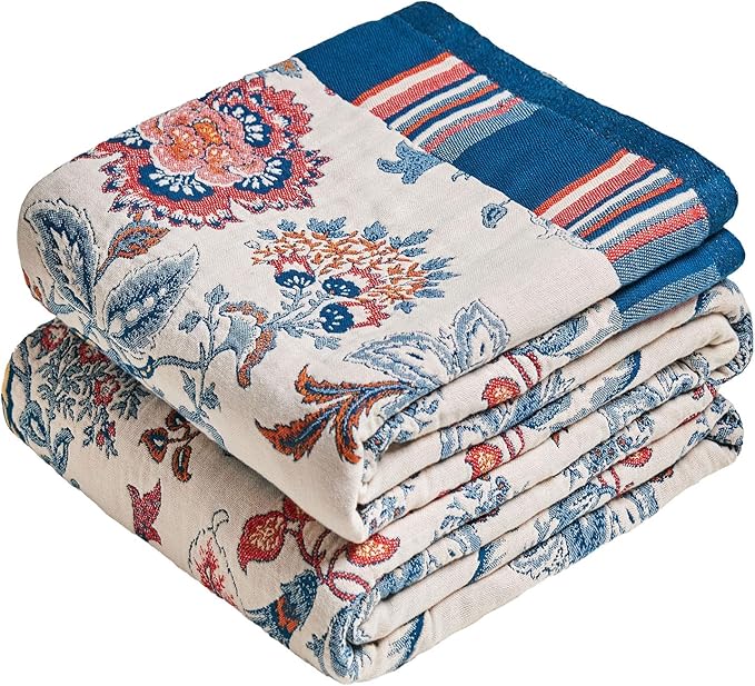 MSGKV Boho Throw Blanket 60"x80" 100% Cotton Floral Blanket for Bed Couch Spring Breathable Lightweight Twin Blankets All Seasons Home Decor Muslin