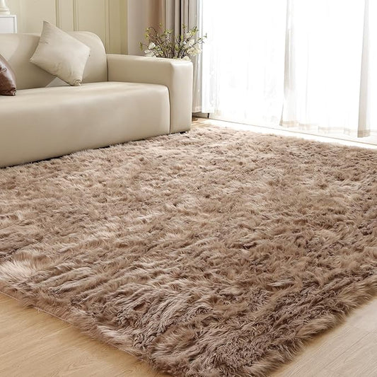 ORINOVA Fluffy Beige 8X10 Area Rug Faux Sheepskin Shaggy Fur Rug Washable for Living Room Bedroom Nursery Teen Room Home Décor