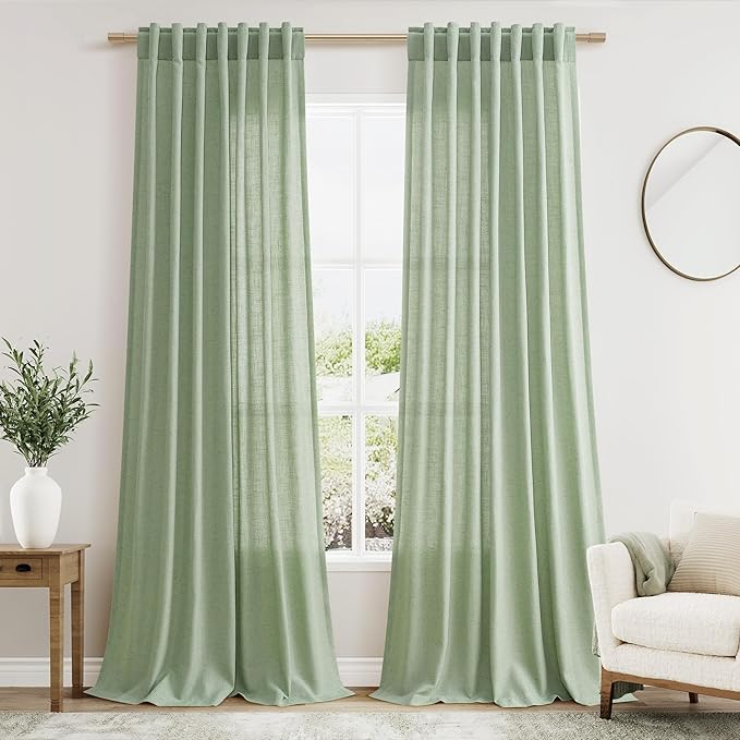 Nanspring Mist Sage Linen Curtains Semi Sheer 96 Inches Long 2 Panels Set for Living Room Back Tab Rod Pocket Light Filtering Drape for Bedroom Modern Farmhouse Coastal Decor Protect Privacy 52x96