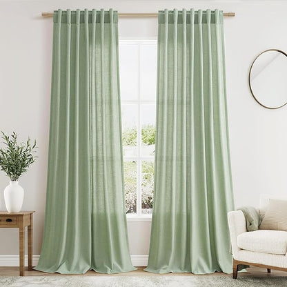 Extra Long Mist Sage Linen Curtains 120 Inch for Living Room 2 Panels Set Rod Pocket Back Tab Light Filtering Semi Sheer Linen Window Drapes Privacy High Ceiling Drapes for Farmhouse 52x120