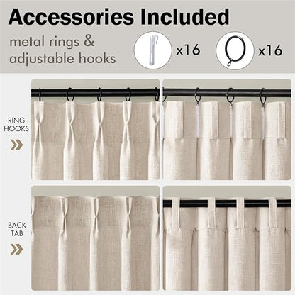 MIULEE Pinch Pleated Thick Linen Curtains 102 Inches Long 2 Panels for Living Room Bedroom, Memory Trained Pleat Drapes Back Tab Light Filtering Boho Cream Ivory Window Curtains with Hooks