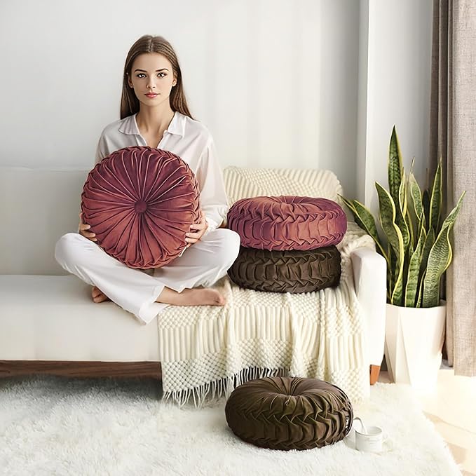 HIG Set of 2 Decorative Round Pleated Throw Pillows,Classy Accent Pumpkin Throw Pillows with Center Button,Vintage Velvet Floor Pillows for Sofa Vanity Chair Bed,Dusty Rose,14.5" Diameter(Ripple)