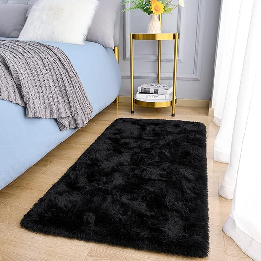 Amearea Shag Fluffy Small Rug, 2x4 Feet Throw Rugs for Bedroom Girls Living Room, Extra Soft and Fuzzy Shaggy Carpet, Non Slip, Solid Color Nursery Home Floor Decor Carpets, Black