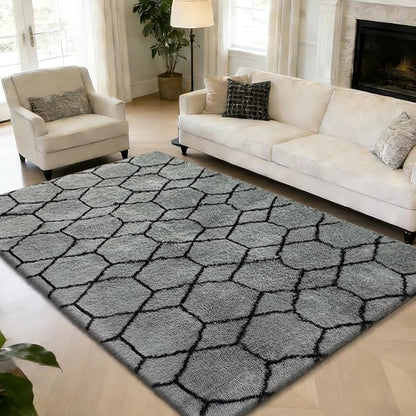 Shag Area Rug for Bedroom 4x6,Fluffy Area Rugs for Living Room,Geometric Soft Fuzzy Rug Non-Shedding Indoor Plush Carpet for Kids Bedroom Nursery Dorm Home,Grey and Black