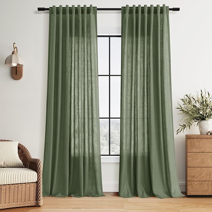 Nanspring Forest Green Linen Curtains for Living Room 120 Inches Long Light Filtering Semi Sheer Curtain Back Tab Wabi Sabi Boho Decor Floor to Ceiling High Window for Bedroom Office 52x120, 2 Panels