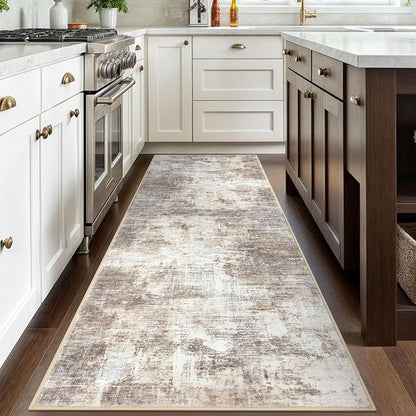 IOHOUZE Abstract Runner Rug 3x8 Ft Washable Runners for Hallways, Non Slip Kitchen Runner Printed Faux Wool Entryway Runner Indoor, Modern Abstract Floor Carpet for Hall Kitchen Bedroom, Beige Brown