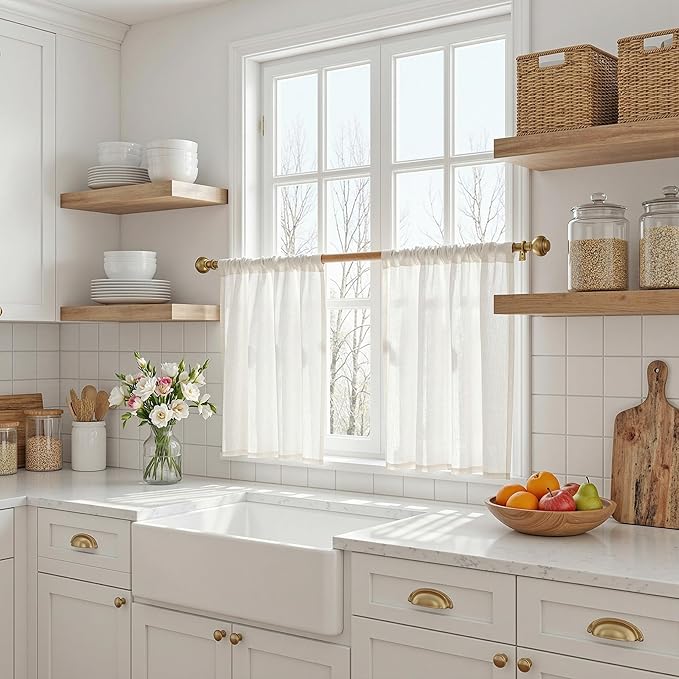 MYSKY HOME Small Window Natural Curtains for Kitchen, Short Cafe Curtains 24 Inches Long Semi Sheer Light Filtering Window Panels Rod Pocket Valance Drapes for Bathroom Basement, 2 Panels, 34" Wide