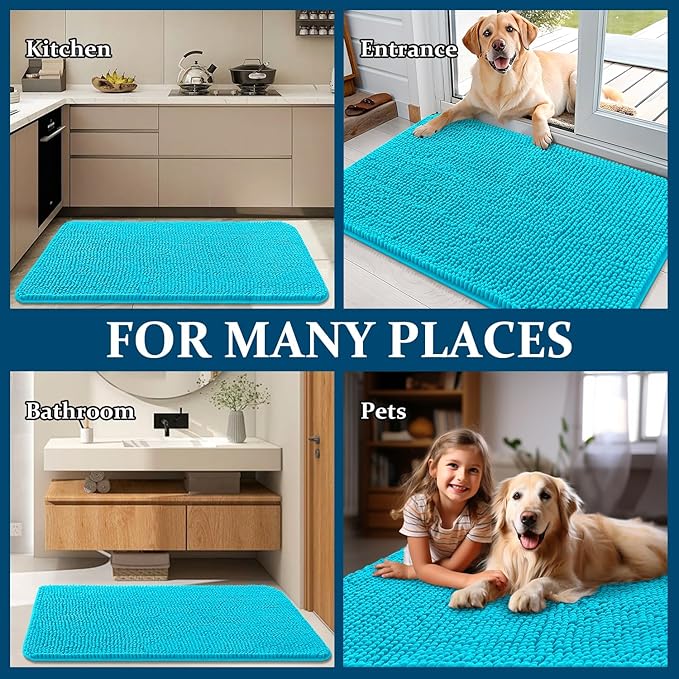 OLANLY Dog Door Mat for Muddy Paws 59x20, Absorbs Moisture and Dirt, Absorbent Non-Slip Washable Doormat, Quick Dry Chenille Mud Mat for Dogs, Entry Indoor Entryway Carpet for Inside Floor, Aqua Blue