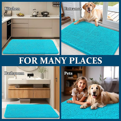 OLANLY Dog Door Mat for Muddy Paws 30x17, Absorbs Moisture and Dirt, Absorbent Non-Slip Washable Doormat, Quick Dry Chenille Mud Mat for Dogs, Entry Indoor Entryway Carpet for Inside Floor, Aqua Blue