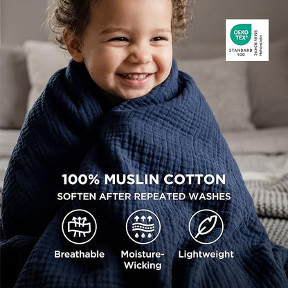 Bedsure 100% Cotton Muslin Blanket King Size for Bed - 4-Layer Breathable and Lightweight Thin Soft Summer Gauze Muslin Blanket for Adults, Navy Blue, 108x90 Inches