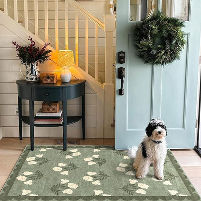 3x5 Floral Entry Rug - Small Washable Indoor Outdoor Mats for Front Door Non-Slip Spring Porch Rug Sage Green Farmhouse Throw Rugs for Living Room Bedroom Entryway Kitchen Office Porch Decor