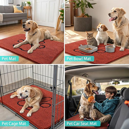 Smiry Dog Door Mat for Muddy Paws, Absorbent Dirt Trapper Non Slip Quick Dry Washable Chenille Mat for Mud Dogs, Entry Rug for Indoor and Outdoor (48x30 Inches, Maple Red and Black)