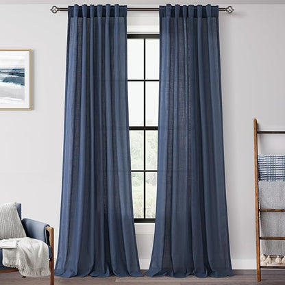Navy Blue Curtains 102 inch Length for Bedroom Back Tab Light Filtering Semi Sheer Blue Living Room Curtains Linen Cotton Textured Indigo Blue Drapery Panel Modern Aesthetic Decor 42" Wx102" L