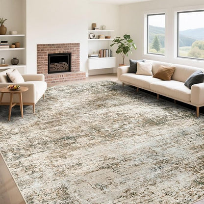 XLUEZ 9x12 Area Rug for Living Room, Washable Modern Abstract Large Area Rug Neutral Soft Non Slip Kids Rug Stain Resistant Indoor Carpet for Bedroom Dining Room Playroom Office(Brown, 9'x12')