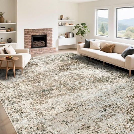 XLUEZ 9x12 Area Rug for Living Room, Washable Modern Abstract Large Area Rug Neutral Soft Non Slip Kids Rug Stain Resistant Indoor Carpet for Bedroom Dining Room Playroom Office(Brown, 9'x12')