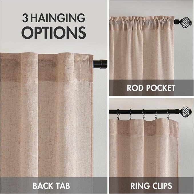 MIULEE Natural Beige Linen Curtains 90 Inch Long 2 Panels for Bedroom Living Room, Soft Linen Textured Window Drapes Semi Sheer Light Filtering Back Tab Rod Pocket Farmhouse Burlap Look Decor