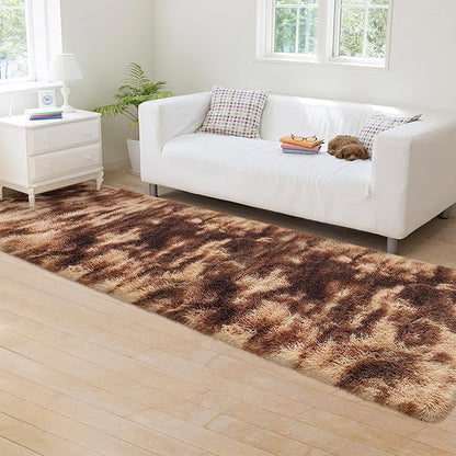 Super Soft Fluffy Living Room Area Rug 2x8 ft Tie-Dyed Brown Shaggy Furry Carpet Washable Non-Slip Floor Rugs Bedroom Bedside Nursery Rug Fuzzy Girls Boy Dorm Home Decor Aesthetic