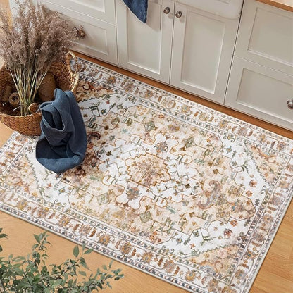 SERISSA Boho Rugs for Entryway, 2x3 Peach Cream Entryway Rug Non-Slip Washable Small Area Rug, Ultra Soft Vintage Low-Pile Indoor Door Mat Floor Carpet for Entrance Bedroom Kitchen Bathroom