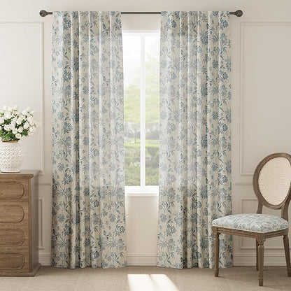 jinchan Linen Floral Curtains for Living Room with Printed Flower 84 Inches Long Light Filtering French Country Back Tab Rod Pocket Blue Window Curtain Set Farmhouse Drapes 2 Panels Blue