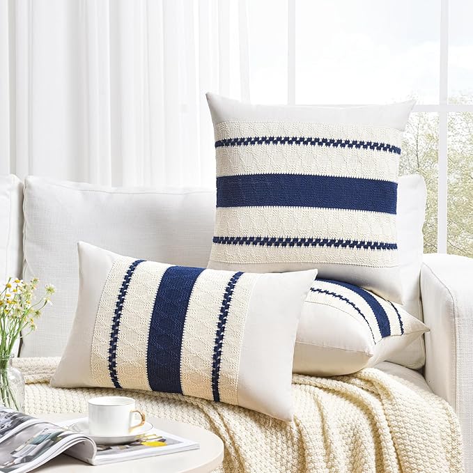 Fancy Homi Set of 1 Navy Blue Lumbar Decorative Throw Pillow Covers 16x24 Inch for Couch Bed Sofa Living Room, Aesthetic Modern Organic Farmhouse Home Decor, Soft Cotton Woven Textured Cushion Case
