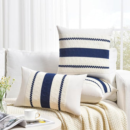 Fancy Homi Set of 1 Navy Blue Lumbar Decorative Throw Pillow Covers 16x24 Inch for Couch Bed Sofa Living Room, Aesthetic Modern Organic Farmhouse Home Decor, Soft Cotton Woven Textured Cushion Case