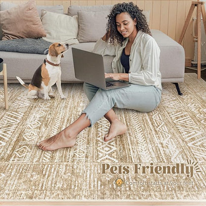 Washable Area Rug 5x7: Moroccan Rug for Living Room Geometric Boho Rug Farmhouse Non Slip Stain Resistant Rugs Low Pile Soft Carpet for Bedroom Dining Room Home Office Kids Room (Light Brown,5'x7')