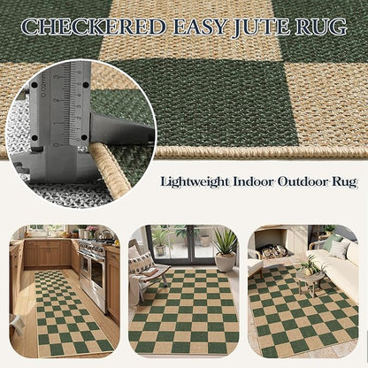 Lahome Colette Checkered Outdoor Runner Rug, 2x8 Green Kitchen Runner Rugs for Non Skid Washable Entryway Carpet, Checkerboard Non Slip Non Shedding Carpet for Bedroom