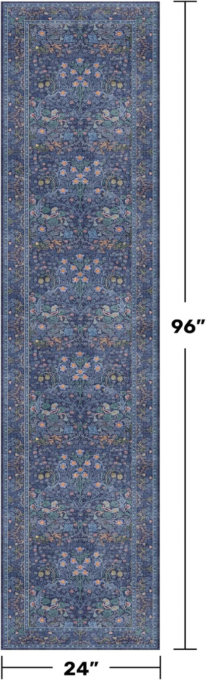 Dark Blue 2x8 Kitchen Runner Rugs - 8ft Long Machine Washable Hallway Runner Non Slip, Floral Pattern Indoor Floor Mats for Entryway, Oriental Floral Design Home Décor