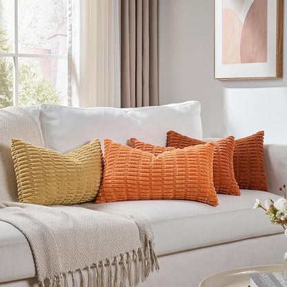 Fancy Homi Set of 4 Burnt Orange Fall Long Lumbar Rectangle Decorative Throw Pillow Covers 12x24 Inch for Couch Bed Chair, Farmhouse Boho Room Decor, Soft Fuzzy Corduroy Textured Cushion Case 30x60cm