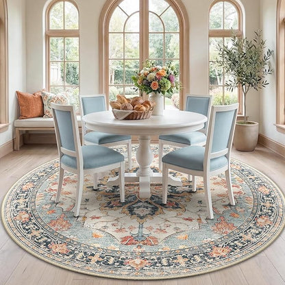 RELEANY Area Rugs 7ft Washable Non-Slip, Floral Vintage Distress Print Pattern Medallion Carpet for Living Room Bedroom Dining Room, Beige Navy Blue Orange Colorful