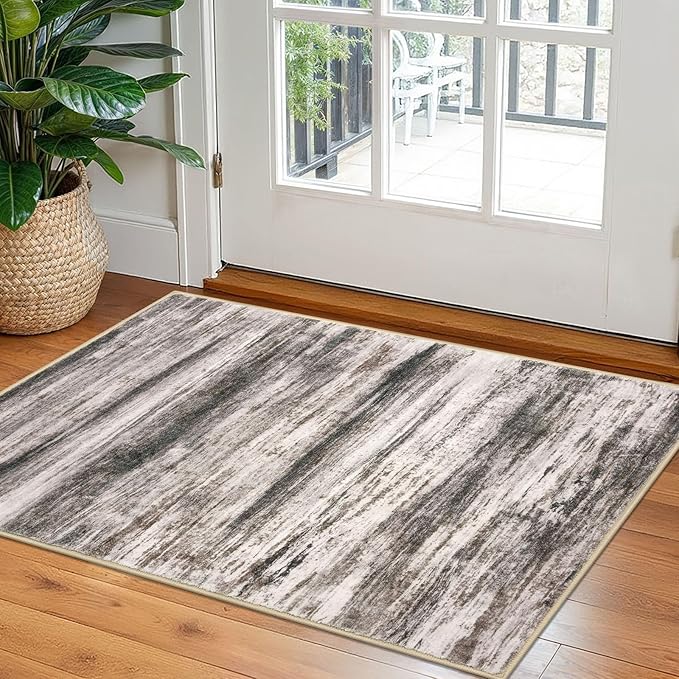 KOZYFLY Small Area Rug 2x3 Rug Entryway Rugs Modern Abstract, Washable Kitchen Rug Non-Slip Soft Rug, Black Brown Striped Entryway Rugs Abstract Print Faux Wool Doormat for Bedside Entrance