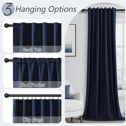 Guken Navy Blue 100% Blackout Linen Curtains 63 Inch Length 2 Panels Set for Living Room Bedroom Back Tab Thermal Insulated Black Out Drapes Room Darkening Farmhouse Window Curtains 63 Inches Long