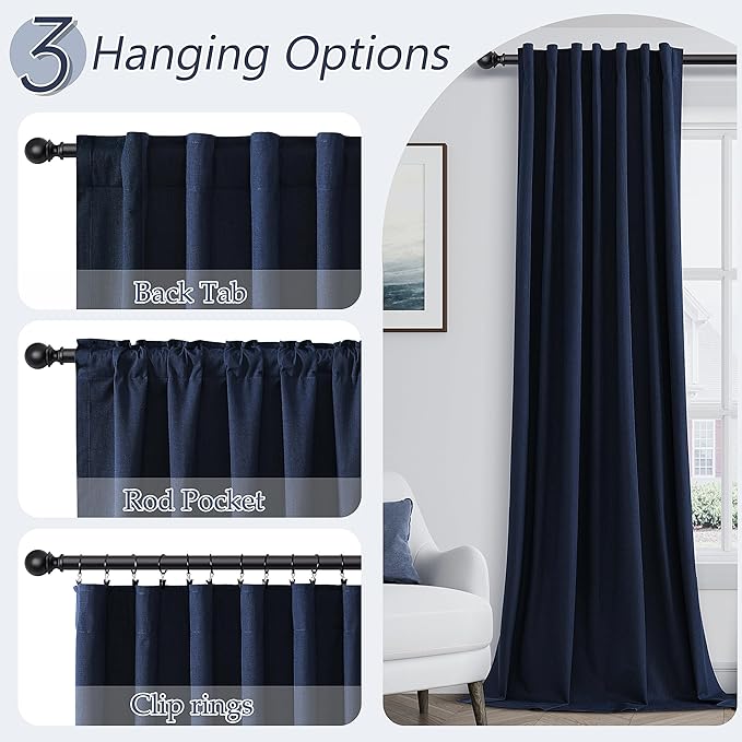 Guken Navy Blue 100% Blackout Curtains 96 Inch Length 2 Panels Set for Living Room Bedroom Back Tab Thermal Insulated Black Out Linen Drapes Room Darkening Window Curtains 96 Inches Long