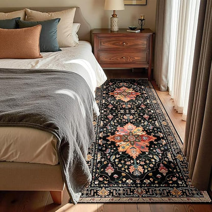 Area Rugs 3'x8' Runner Rug Non Slip Washable for Kitchen Hallway Bedroom Beside Laundry Room Bathroom Rug, Floor Carpet, Black Colorful Floral Dark Tan