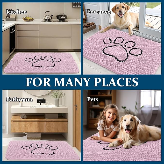 OLANLY Dog Door Mat for Muddy Paws 48x30, Paw Print Design, Absorbs Moisture and Dirt, Non-Slip Washable Doormat, Quick Dry Chenille Mud Mat for Dogs, Entry Indoor Entryway Carpet, Dusty Rose