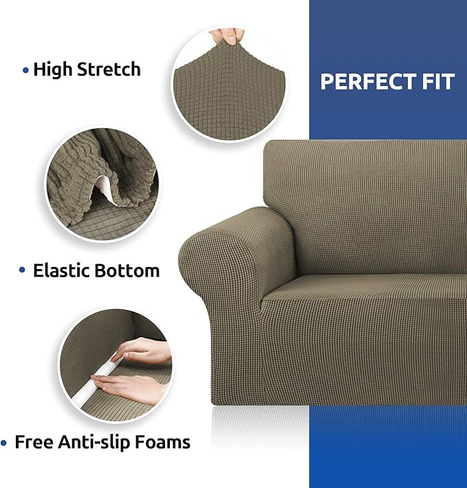 KEKUOU Stretch Sofa Cover Slipcover ，Couch Covers for 3 Cushion Couch Sofa pet Friendly (78"-94") Furniture Protector Sofa with Elastic Bottom for Kids,Dog, Jacquard Small Checked(Large,Khaki)
