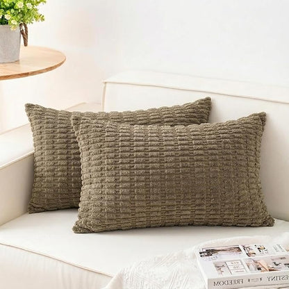 Pack of 2 Corduroy Decorative Throw Pillow Covers 12x24 Inch Soft Striped Pillow Covers Modern Farmhouse Home Decor for Sofa Living Room Couch Bed（Green）