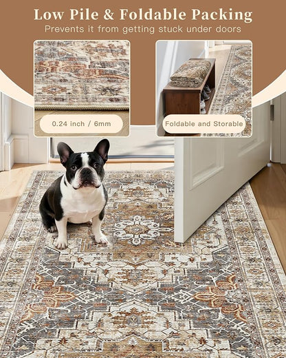 Madane Kitchen Runner Rug - 2x7 Runner Rugs with Rubber Backing Non Slip Vintage Washable Rug Runner Ultra-Thin Throw Carpet Runners for Hallways Bedroom Laundry Room (2'x7', Turmeric/Grey)