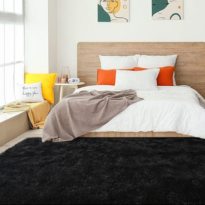 Amearea Shag Fluffy Area Rug for Bedroom Girls Living Room, Extra Soft and Fuzzy Shaggy Rugs, Non Slip, Solid Color Carpet Mat for Boys Nursery Home, Black 6x9 Feet