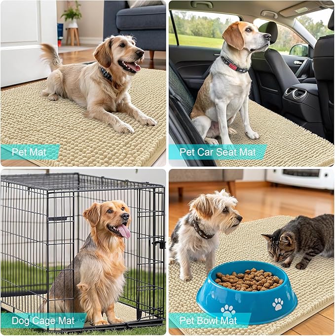 OLANLY Dog Door Mat for Muddy Paws 47x24, Absorbs Moisture and Dirt, Absorbent Non-Slip Washable Doormat, Quick Dry Chenille Mud Mat for Dogs, Entry Indoor Entryway Carpet for Inside Floor, Sand