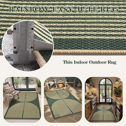 Lahome Enfys Modern Rainbow Easy Jute Entry Rug, 3x5 Washable Outdoor Patio Porch Rug, Farmhouse Non Slip Non Shedding Dark Green Carpet for Dorm Living Room Deck Front Door Kitchen