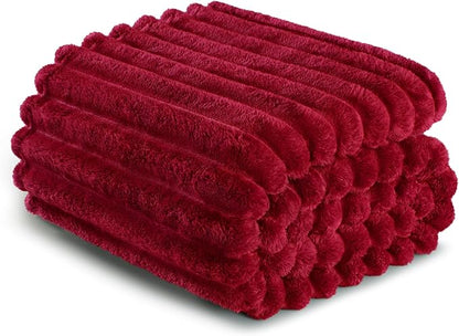 Exclusivo Mezcla King Size Flannel Fleece Blanket, Super Soft Striped Jacquard Bed Blanket, Lightweight Fuzzy Cozy for All Seasons, 90x104 Inches, Deep Red