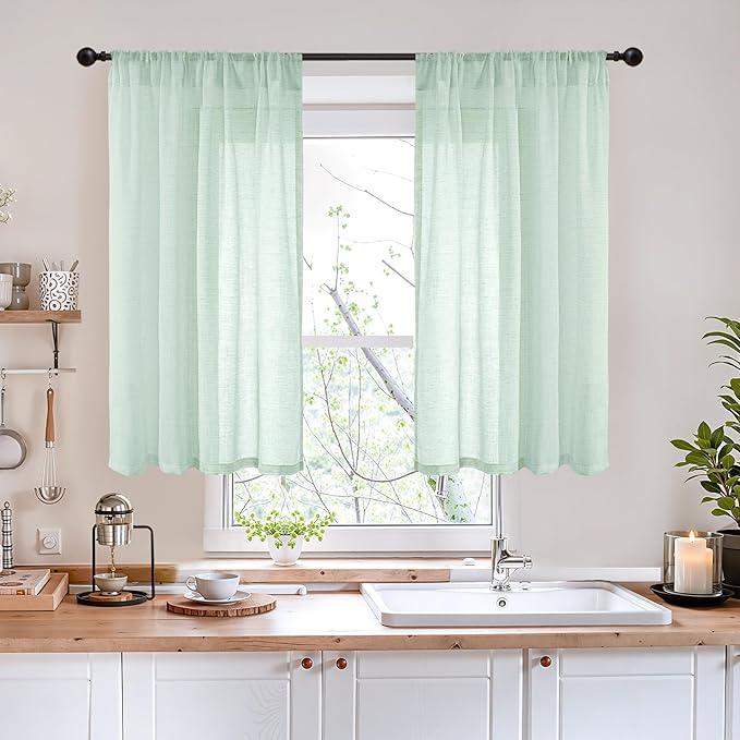 BGment 40 Inch Length Light Green Linen Curtains - Short Semi Sheer Drapes Textured for Living Room Window Spring Decorative with Rod Pocket Lightweight Rustic, 2 Panels Set, 42 X 40 Inch