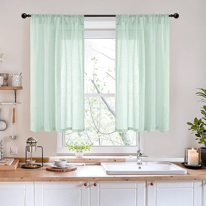 BGment 40 Inch Length Light Green Linen Curtains - Short Semi Sheer Drapes Textured for Living Room Window Spring Decorative with Rod Pocket Lightweight Rustic, 2 Panels Set, 42 X 40 Inch