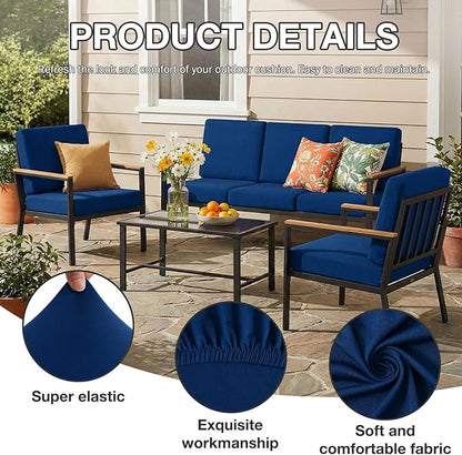 hyha 4Pcs Patio Cushion Covers, Stretch Outdoor Couch Cushion Covers Replacement, Washable Outdoor Chair/Sofa Slipcovers for Patio Furniture Cushions Protector with Elastic Bottom(Navy,Cover Only)