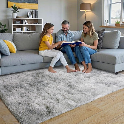 Pionblank Fluffy Area Rug for Bedroom 4x6 Feet, Indoor Plush Carpet, Shag Soft Bedside Rug, Cute Comfy Furry Rug for Living Room Dorm Girls Boys Room Nursery Decor, Tie Dye Grey