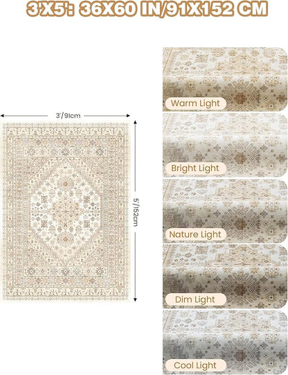 3x5 Washable Area Rug for Entryway, Kitchen Rugs Non Slip for Dining Room, Vintage Floral Soft Living Room Rug, Thin Area Rug Indoor for Bedroom, Kids Room Decor(Cream/Beige,3'x5')
