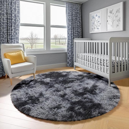 ONASAR Tie-Dyed Dark Grey Round Area Rugs 5ft, Ultra Soft Bedroom Circle Rug for Kids Girls Teen Room, Fluffy Plush Shaggy Carpet Floor Mats for Baby Nursery Living Room Playroom Home Decor