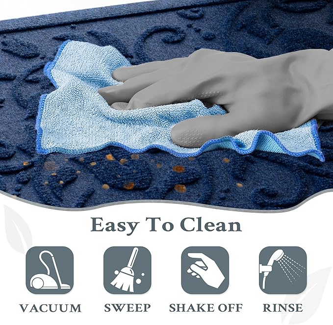 Boho Blue Floral Leaves Outdoor Indoor Entrance Doormats, Absorbent Durable Heavy Duty Welcome Front Door Mat,Thick Natural Rubber Back,Easy Clean Entryway Mat 17x30 Inch, Low Profile